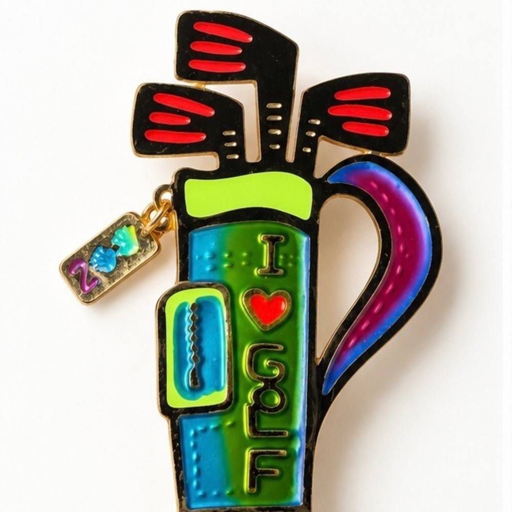 Vintage Colorful I Heart Golf Bag Enamel Brooch Pin Gold Tone Sports Jewelry